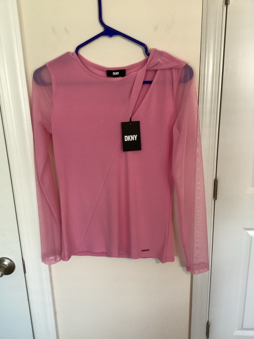 New, DKNY Light Pink Long Sleeve Blouse with Sheer Mesh Sleeves, XS